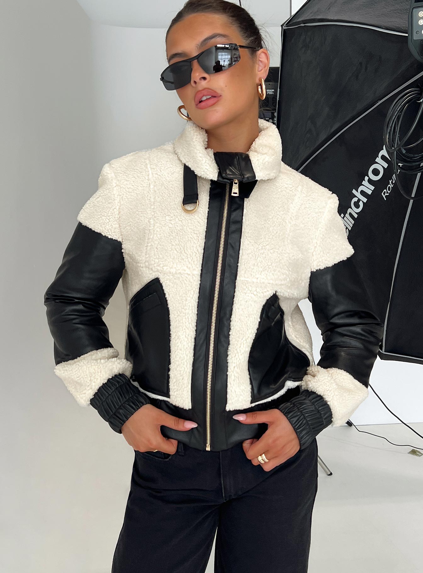 Rachale Faux Leather Shearling Jacket  Black / Cream