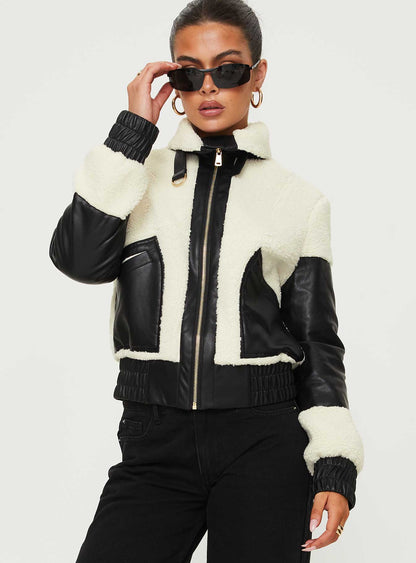 Rachale Faux Leather Shearling Jacket  Black / Cream